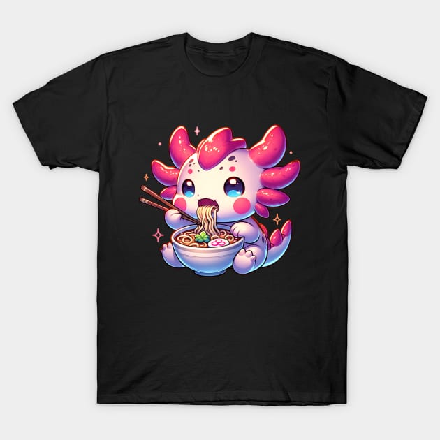 Axolotl Eating Ramen Noodles T-Shirt by Bellinna